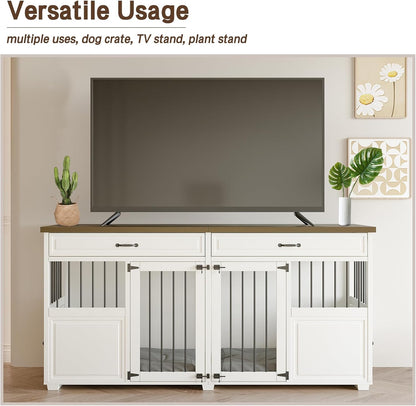 Dog Crate Furniture - Indoor Wood Dog Kennel Furniture 4 Doors with Divider and 2 Drawers - 72" L X 23.6" W X 34.8" H, White