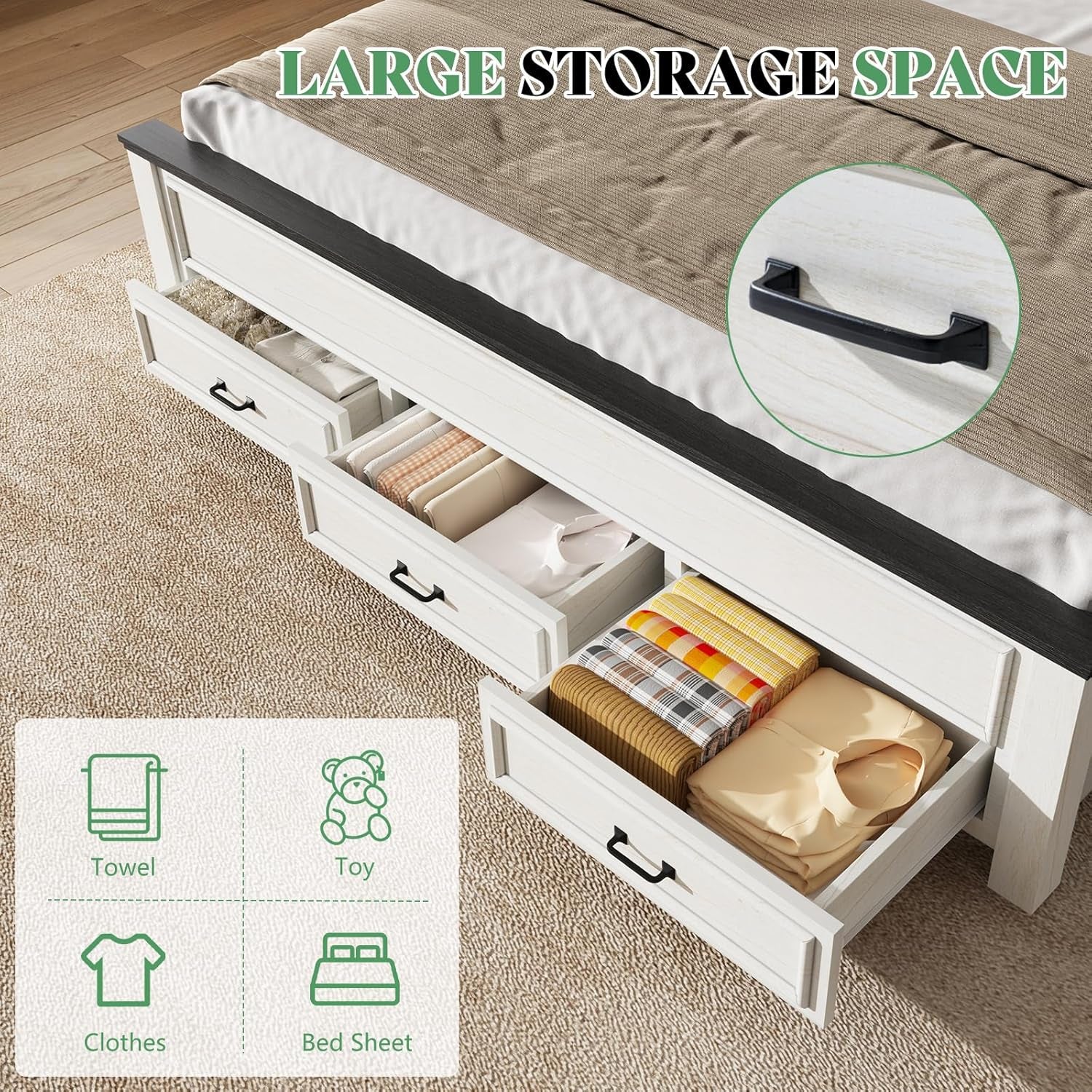 King Size Bed Frame with 52.2" Tall -Panel Headboard & Footboard, Farmhouse Wood Platform Bed Frame with 3 Large Storage Drawers, Noiseless, No Box Spring Needed, Rustic White