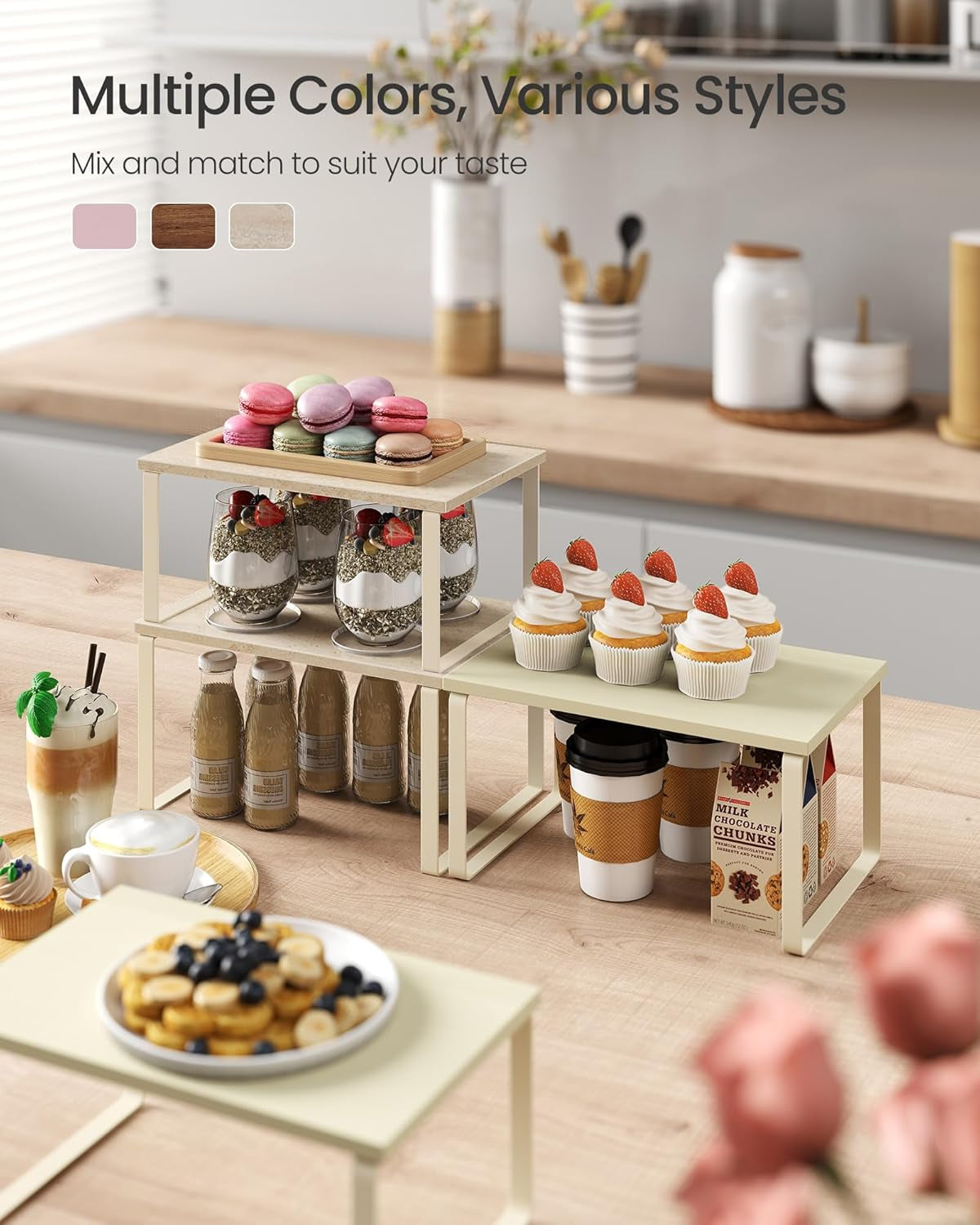Cabinet Organizer Shelf, Set of 2 Kitchen Counter Shelves, Kitchen Storage, Spice Rack, Stackable, Expandable, Metal and Engineered Wood, Travertine Beige and Cream White UKCS020L01