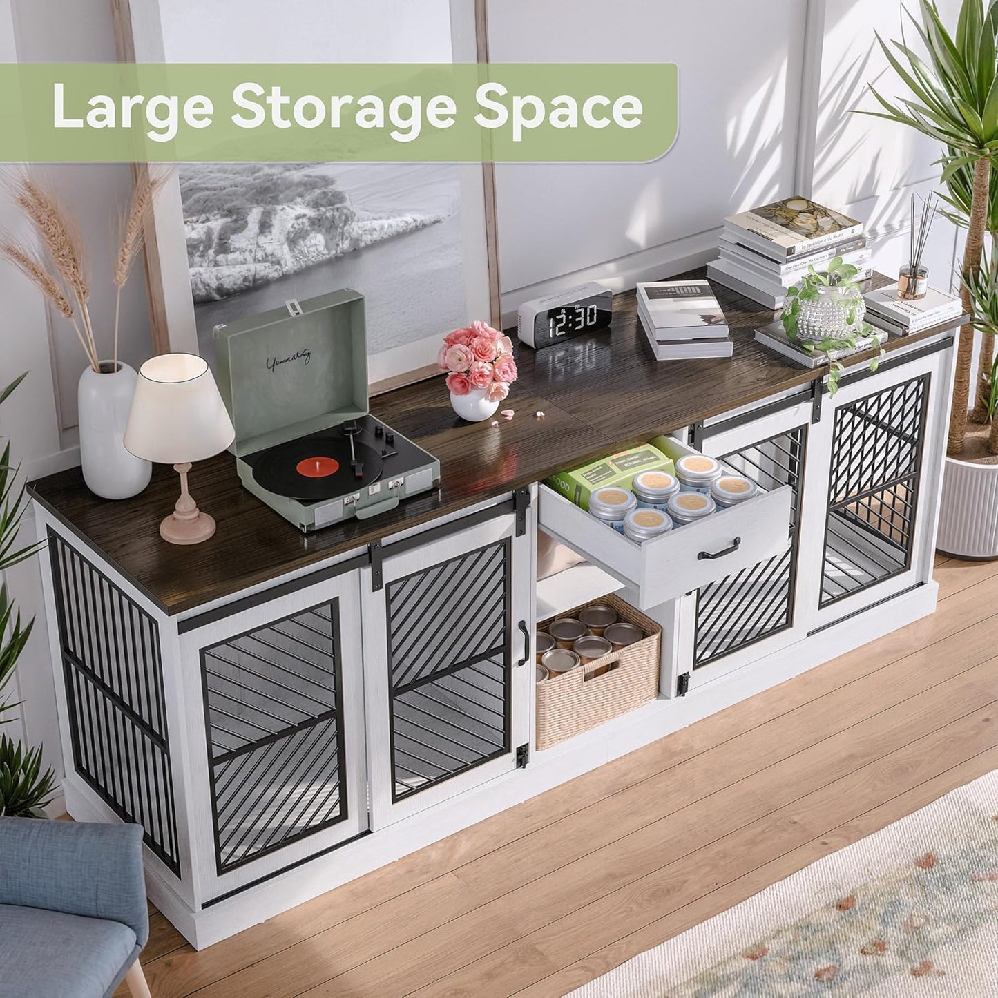 Large Pet Crate Furniture-Style Dog Cage for 2 Pets, Wooden TV Stand with Divider & Drawer Storage, Modern Design Kennel Indoor, 86.6" L X 23.6" W X 33.5" H