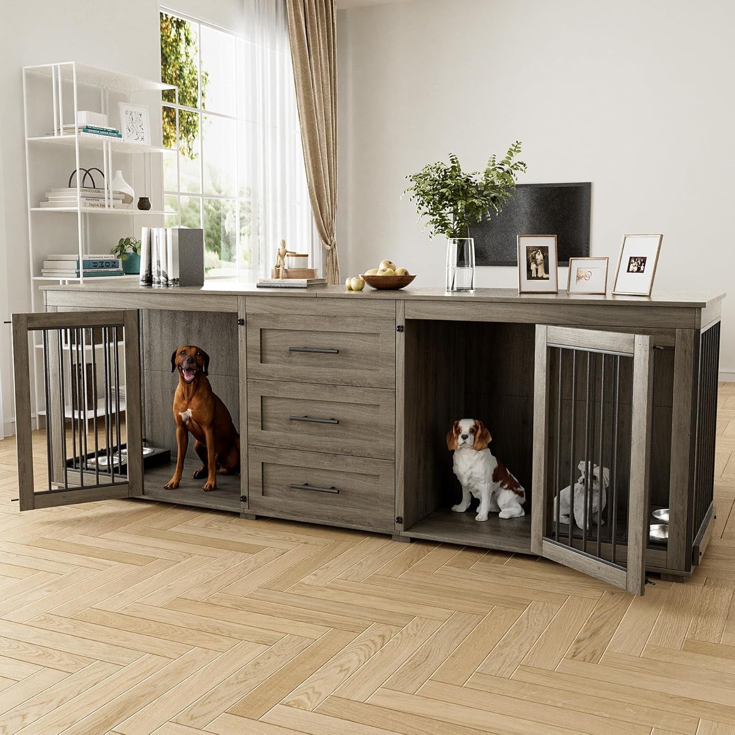 94.5" Large Dog Crate Furniture for 2 Dogs, Double Wooden Dog Kennel Furniture with 4 Dog Bowls & 3 Drawers, Heavy Duty Indoor Furniture Style Dog Cage TV Stand/Table/House, White Brown