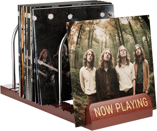 Now Playing Vinyl Record Holder, Wooden Vinyl Record Storage with Front Display Groove, Album Storage Stand Organizer for 50 Lps, Easy to Assemble, Magazine Holder Rack for Gift