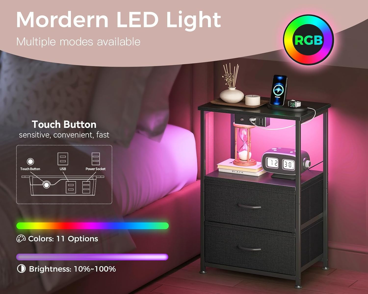 Night Stand with Charging Station and LED Lights, End Table for Bedroom with 2 Fabric Drawers, Small Nightstand with Storage Shelf, Bed Side Bedside Table, Black