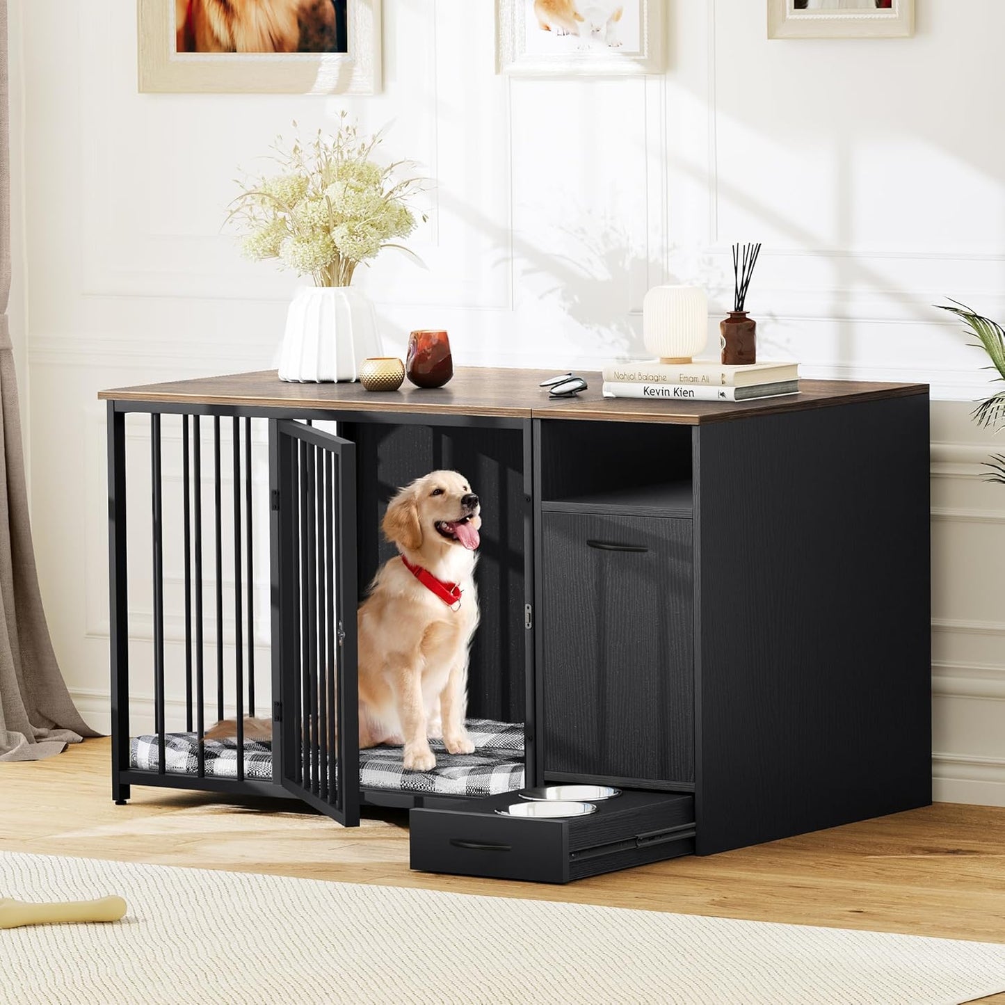 Dog Crate Furniture with Feeder Bowls, 55" Large Breed Dog Kennel with Storage Drawer, Heavy Duty Dog House TV Stand Indoor for Medium Dogs, Black