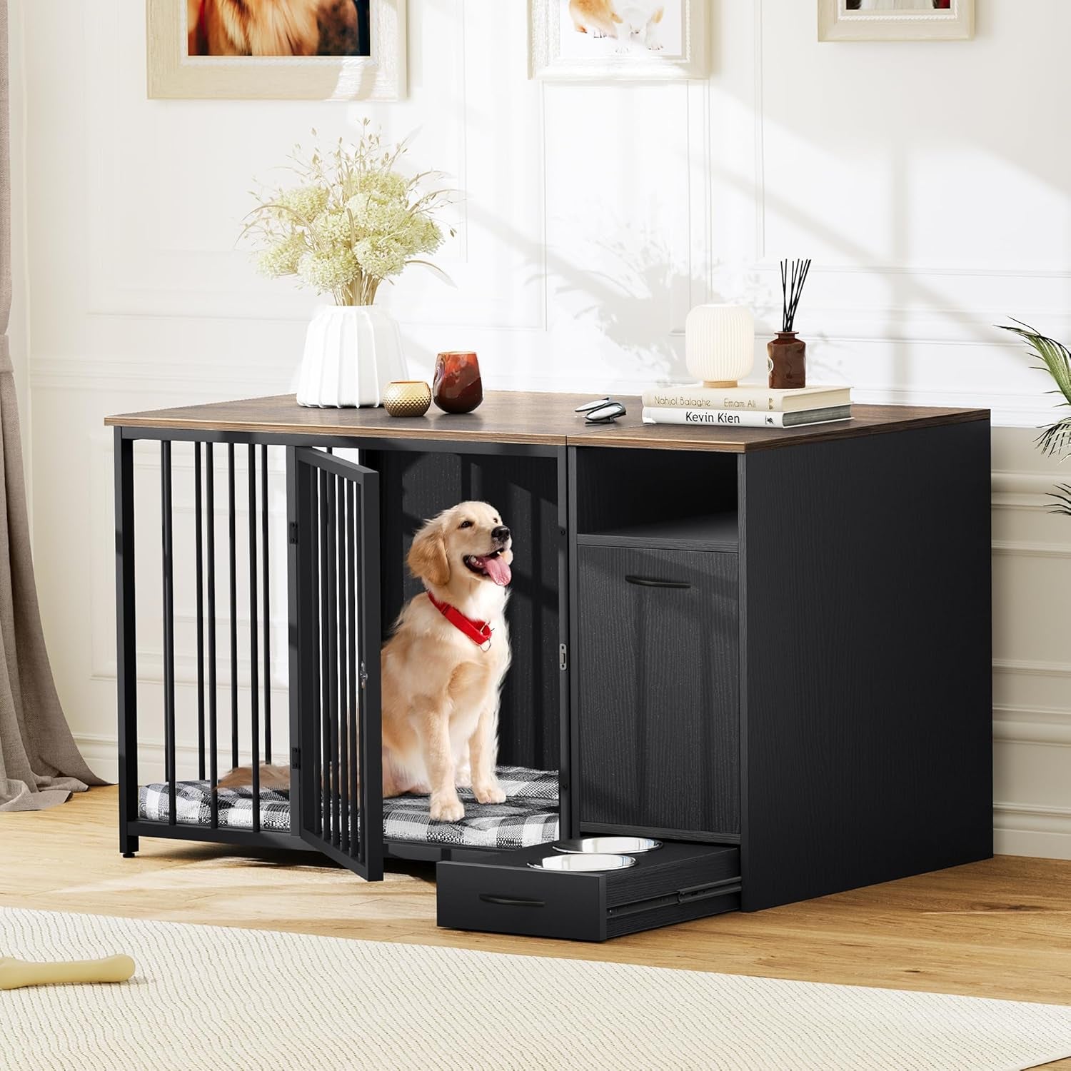 Dog Crate Furniture with Feeder Bowls, 55" Large Breed Dog Kennel with Storage Drawer, Heavy Duty Dog House TV Stand Indoor for Medium Dogs, Black