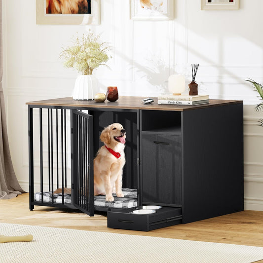 Dog Crate Furniture with Feeder Bowls, 55" Large Breed Dog Kennel with Storage Drawer, Heavy Duty Dog House TV Stand Indoor for Medium Dogs, Black