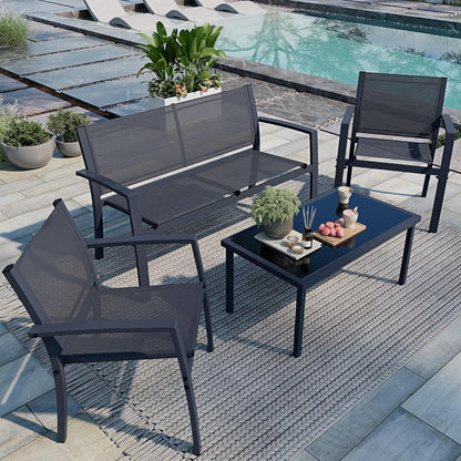 4 Pieces Patio Furniture Set All Weather Textile Fabric Outdoor Conversation Set, with Glass Coffee Table, Loveseat, 2 Single Chairs for Home, Garden, Lawn, Porch（Gray）