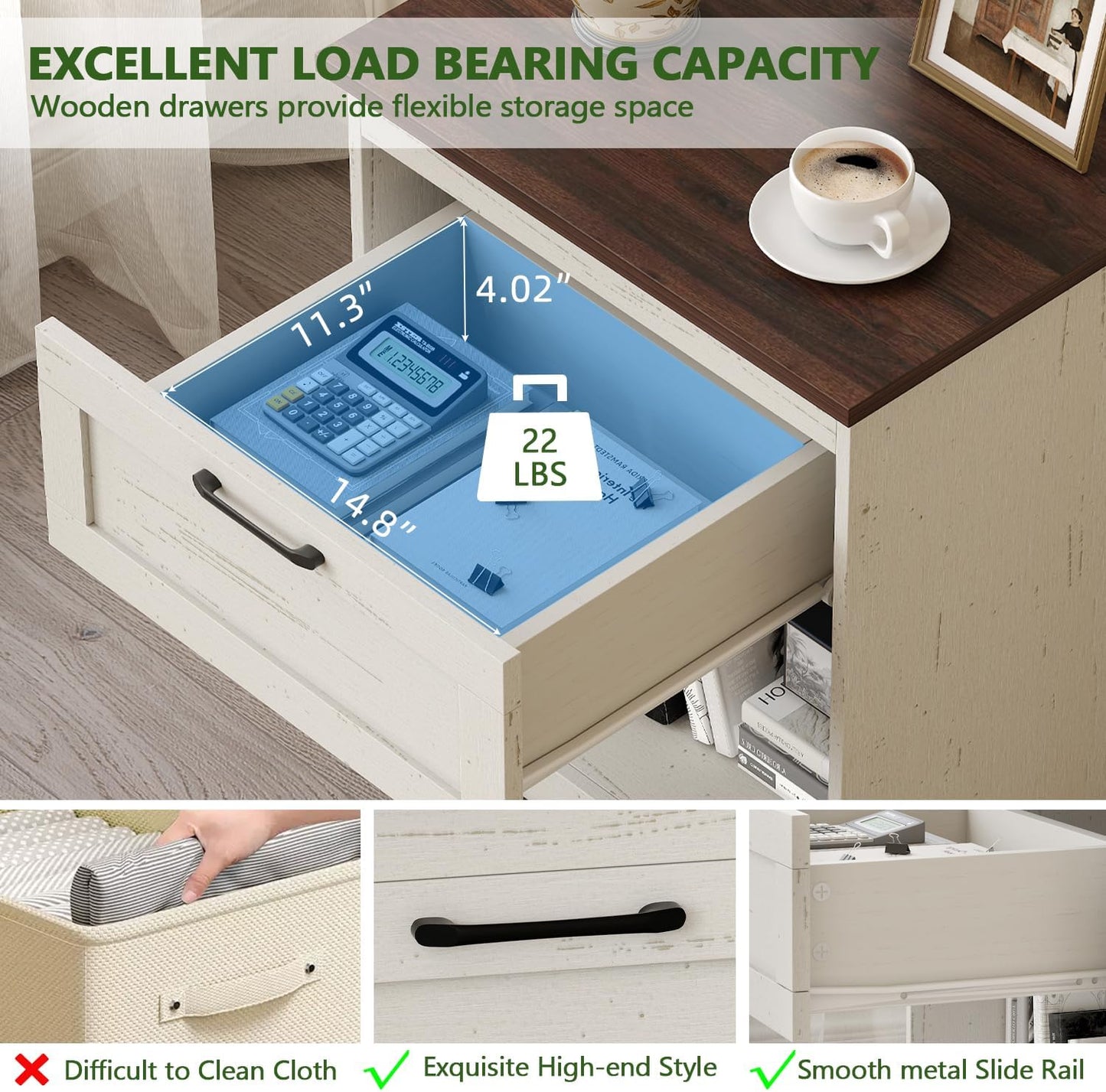 Farmhouse Nightstands Set of 2, Bedroom Night Stand with 1 Drawers, Wooden Bedside Tables 15.6" D X 18.7" W X 21.26" H, White and Brown Wood Grain Finish