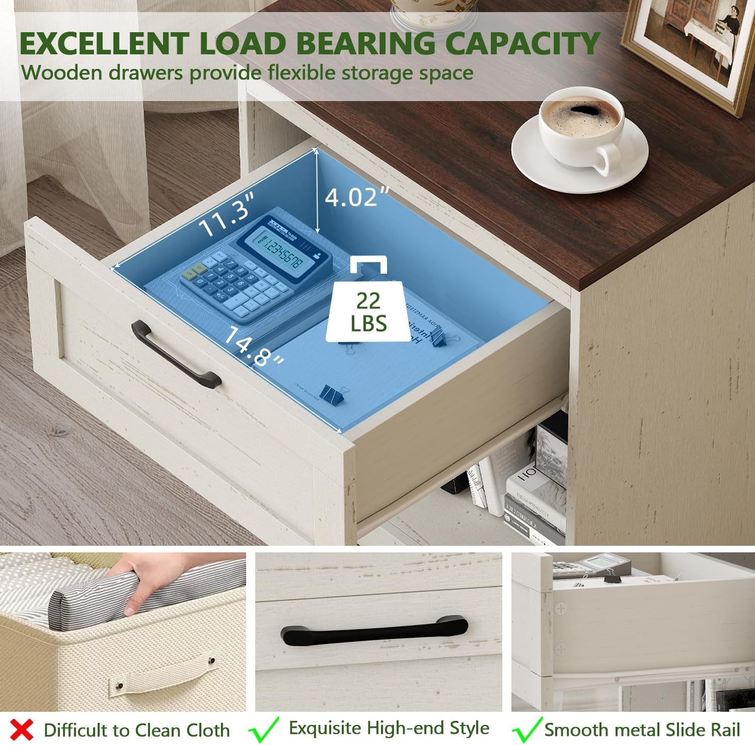 Farmhouse Nightstands Set of 2, Bedroom Night Stand with 1 Drawers, Wooden Bedside Tables 15.6" D X 18.7" W X 21.26" H, White and Brown Wood Grain Finish