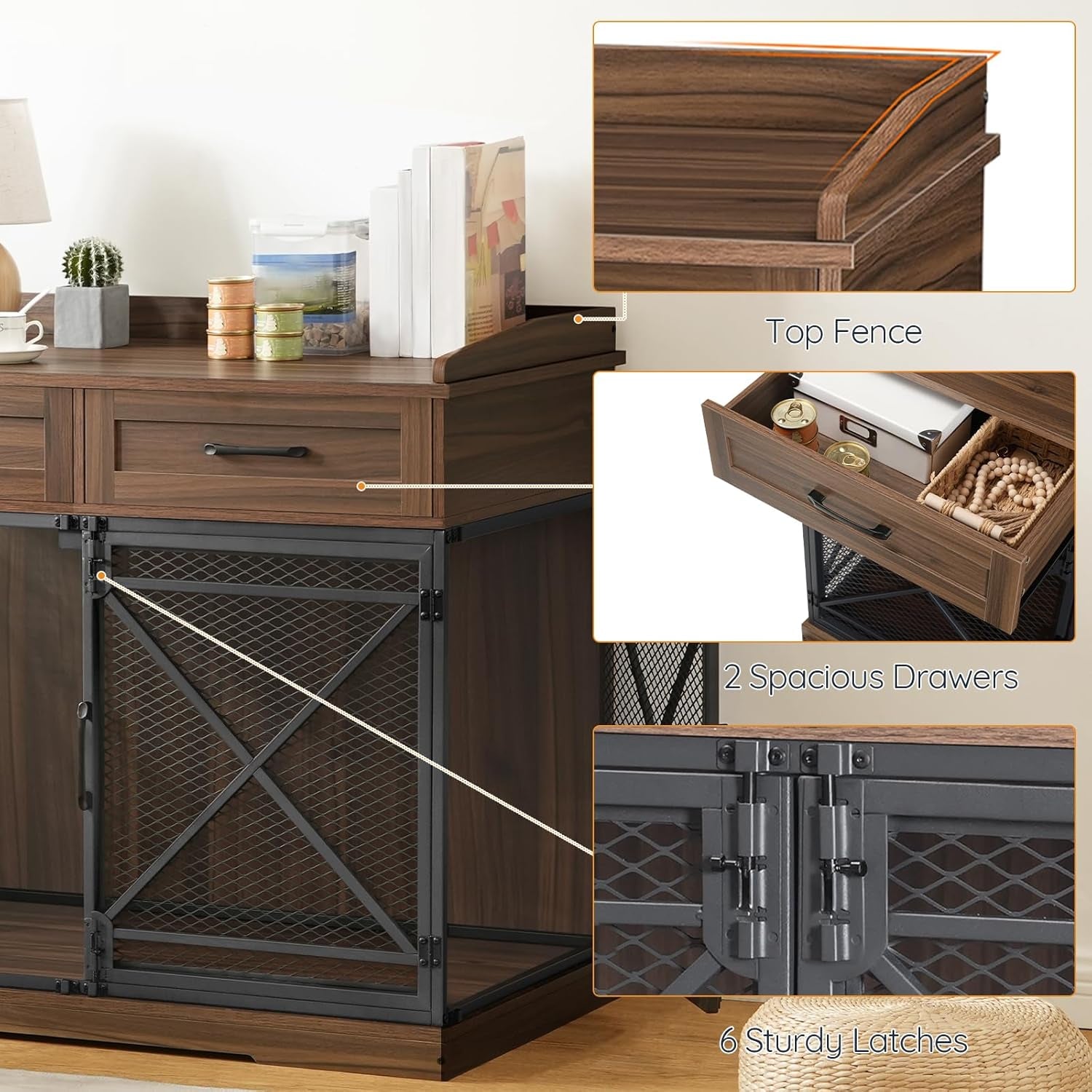 43.3” Dog Crate Furniture, XL Heavy Duty Dog Kennel with Drawers, Wooden Crate Indoor Side End Table for Medium to Large Dogs, Triple Door Design, Walnut and Black