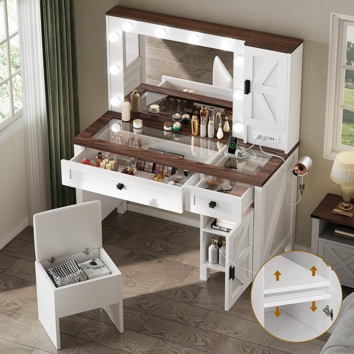 Farmhouse Makeup Vanity Desk with Mirror and Lights, Retro Big Vanity Table Set with Charging Station, Makeup Desk with 2 Drawers & 2 Cabinets, 10 Dimmable Light Bulbs, for Bedroom, White