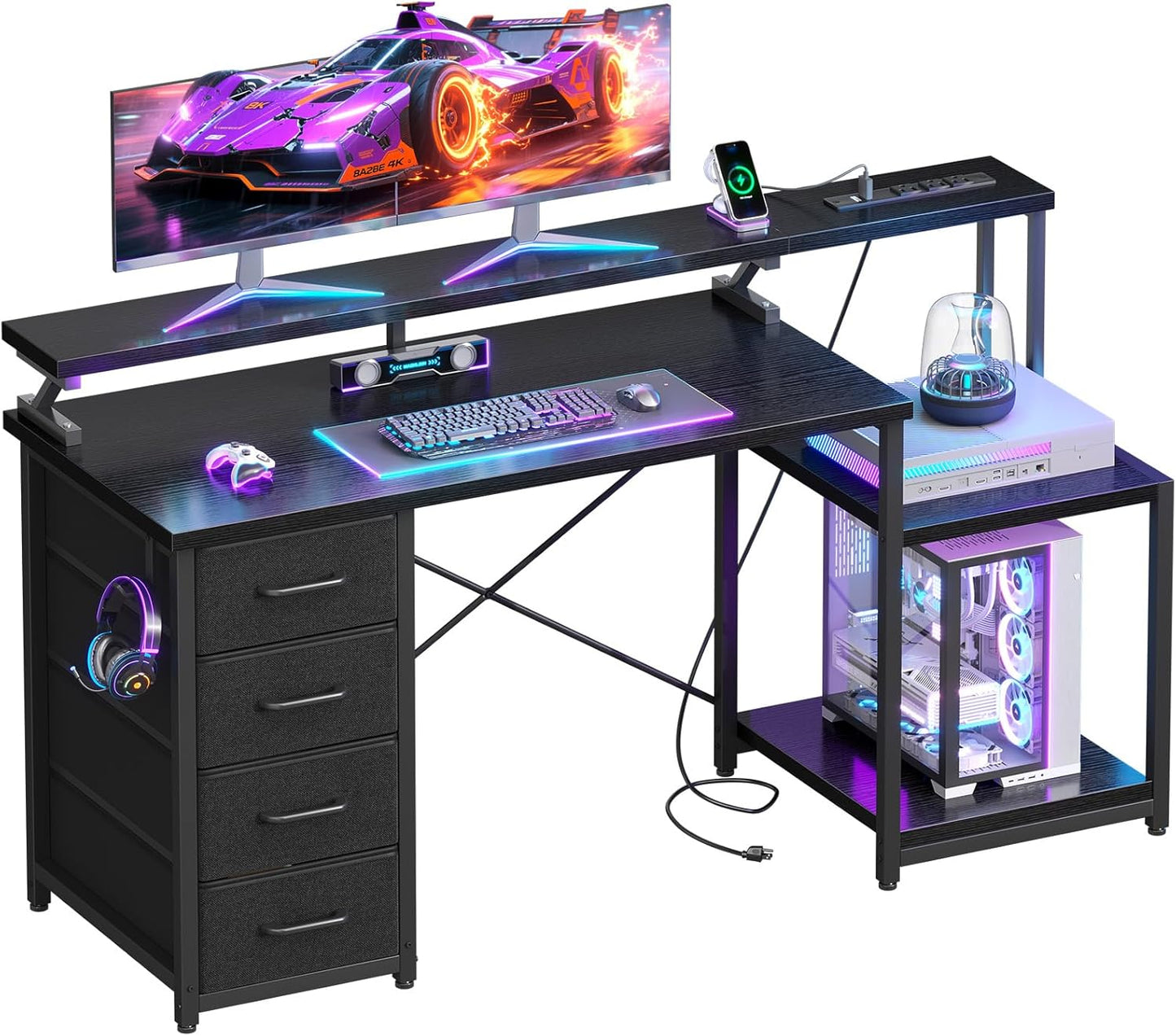 55 Inch Computer Gaming Desk with Power Outlets & 4 Drawers, Home Office Desk with Monitor Stand & Printer Shelves, Black