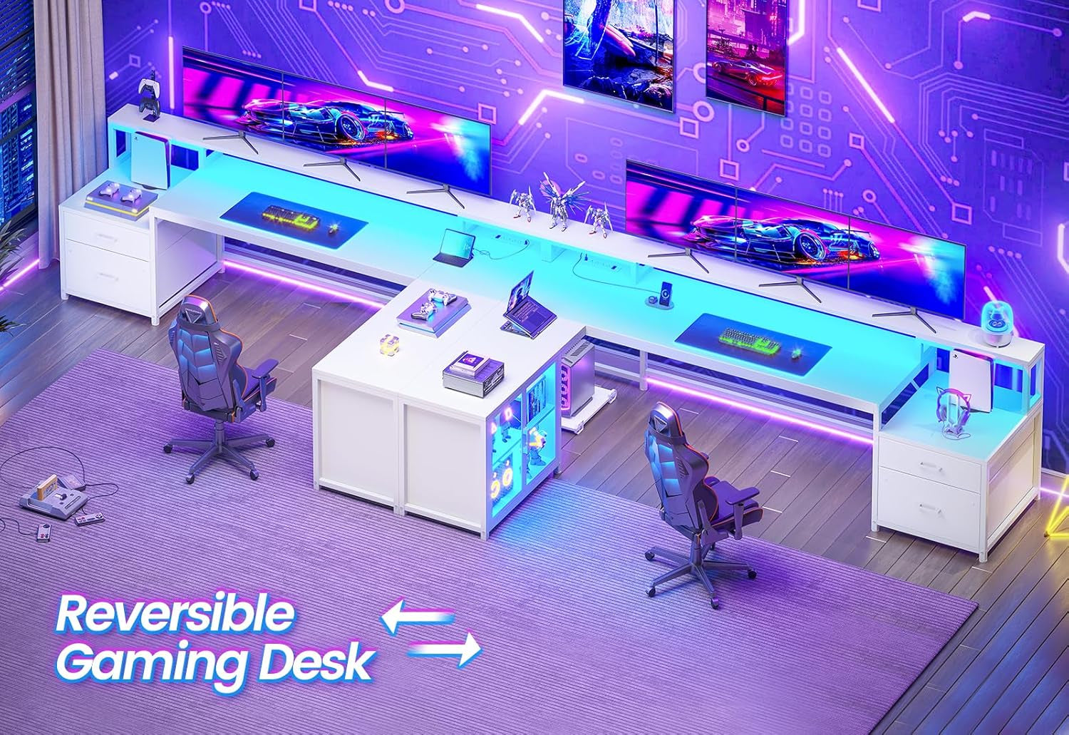 Corner Computer Desk, Reversible L Shaped Computer Desk with Drawers and Power Outlet, 78.7” Large Gaming Desk with Led Lights, Storage Shelves and Display Cabinet for Home Office, White