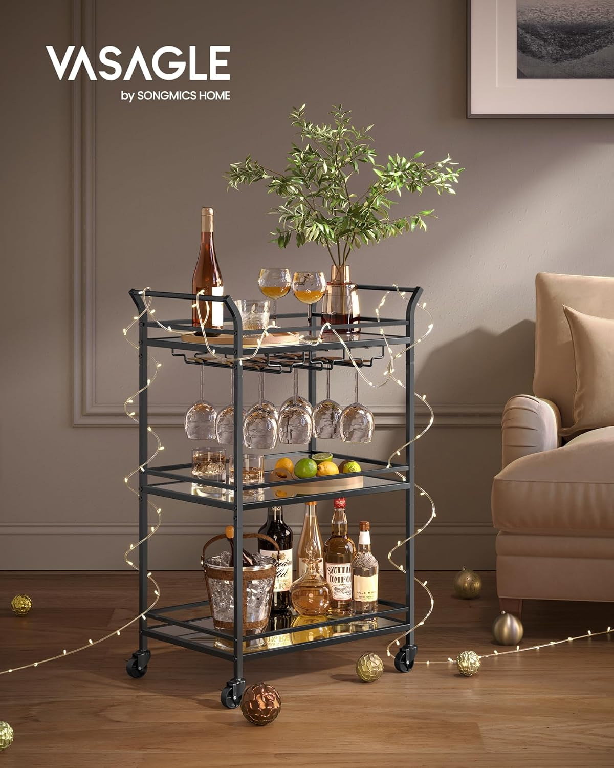 Bar Cart Black, Small Home Bar Serving Cart with 3-Tier Mirrored Shelf, Wine Holders, Glass Holders, for Small Spaces, Kitchen, 15 X 23.6 X 36.2 Inches, Black ULRC100B01