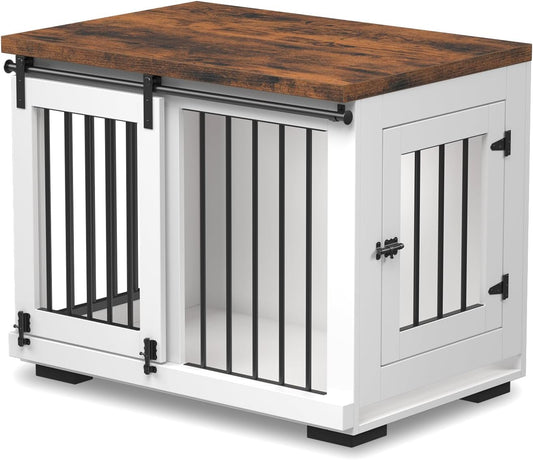 Dog Crate Furniture Barn Door for Medium Dogs up to 40 Lbs. - Puppy Kennel W/Thickened Farmhouse Top & Steel Bars - 30'' Wide - White Decorative Modern Dog Crate Table, End Table, Nightstand