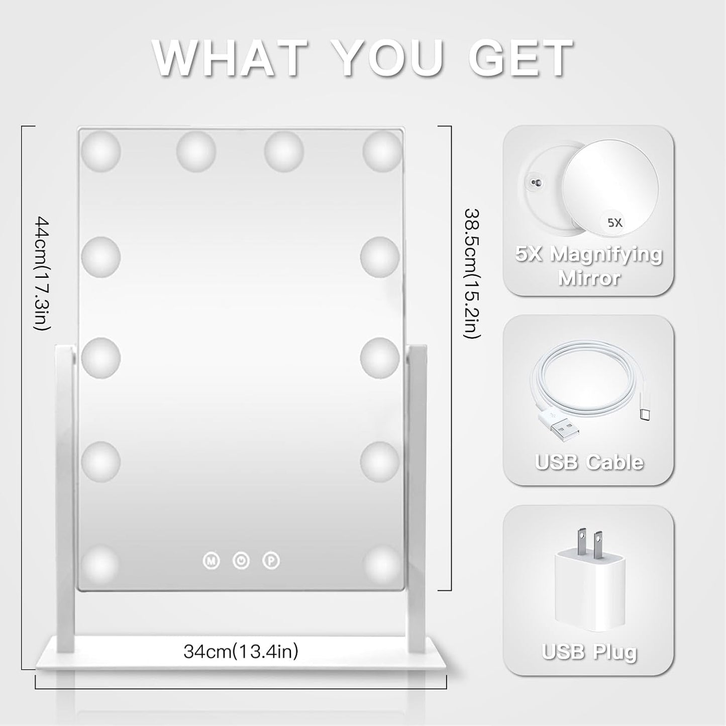 Hollywood Vanity Mirror with 12 Dimmable Bulbs Lights, Three Color Lighting Modes, and 5X Magnification, Smart Touch Control, 360°Rotation (White,Gift Box)
