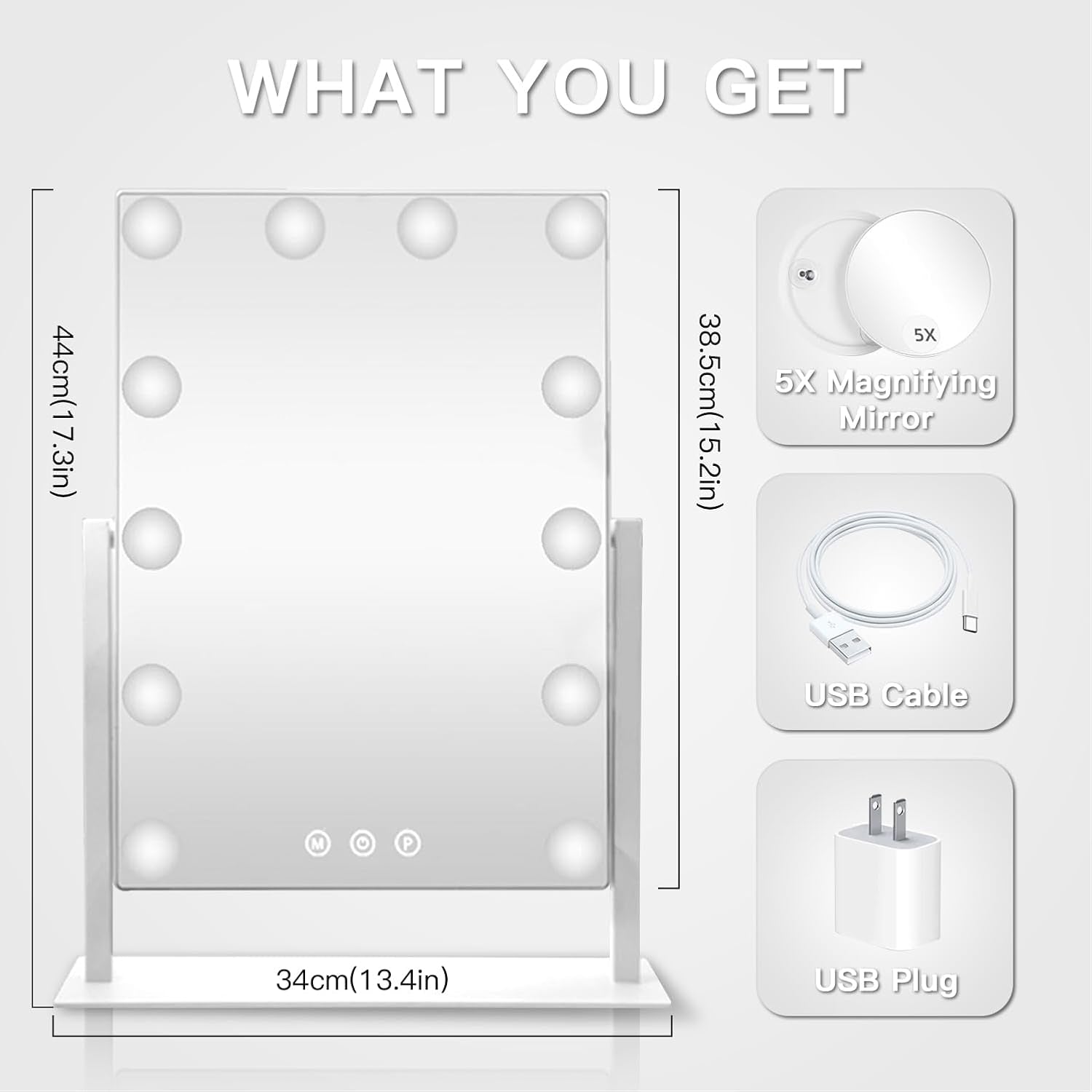 Hollywood Vanity Mirror with 12 Dimmable Bulbs Lights, Three Color Lighting Modes, and 5X Magnification, Smart Touch Control, 360°Rotation (White,Gift Box)
