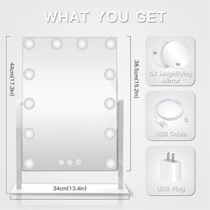 Hollywood Vanity Mirror with 12 Dimmable Bulbs Lights, Three Color Lighting Modes, and 5X Magnification, Smart Touch Control, 360°Rotation (White,Gift Box)