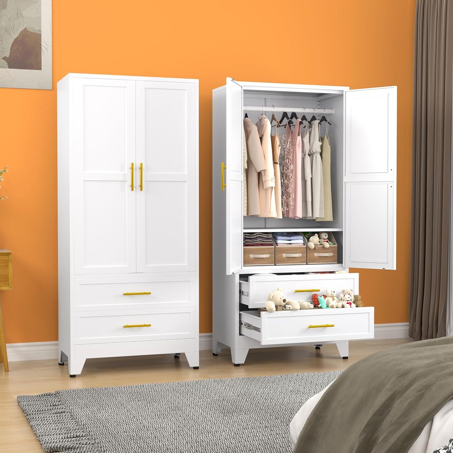 Metal Armoire Wardrobe Closet, 71 "Metal Clothing Storage Cabinet with Adjustable Shelves and Hanging Rod, Household Steel Wardrobe Storage Cabinet with Drawers (Armoire-White)