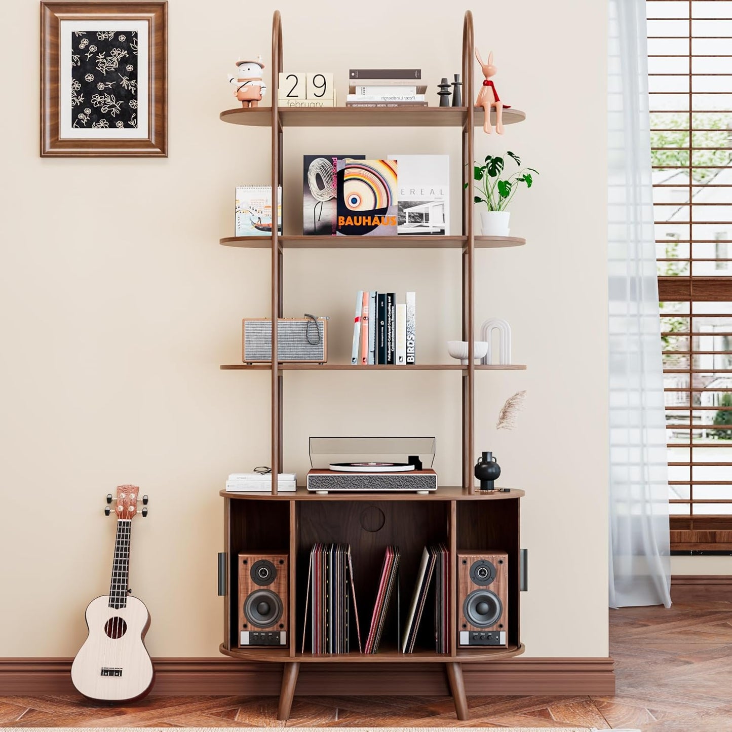 Tall Vinyl Record Player Stand, 4 Tier Arched Bookshelf with Sliding Doors, Retro Small Record Storage Cabinet, Fluted Media Display Shelf, Mid Century Modern Turntable Stand for Living Room, Walnut
