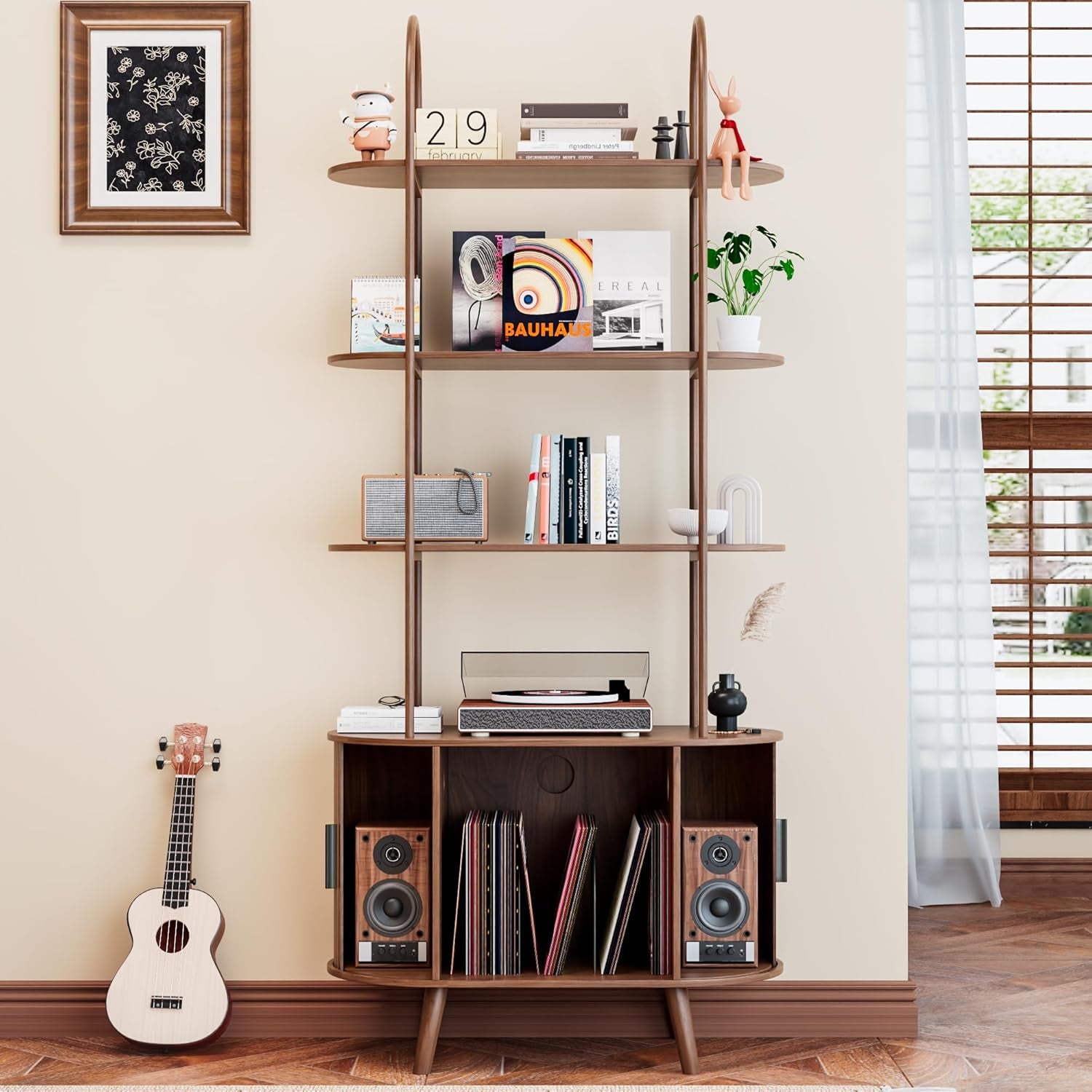 Tall Vinyl Record Player Stand, 4 Tier Arched Bookshelf with Sliding Doors, Retro Small Record Storage Cabinet, Fluted Media Display Shelf, Mid Century Modern Turntable Stand for Living Room, Walnut