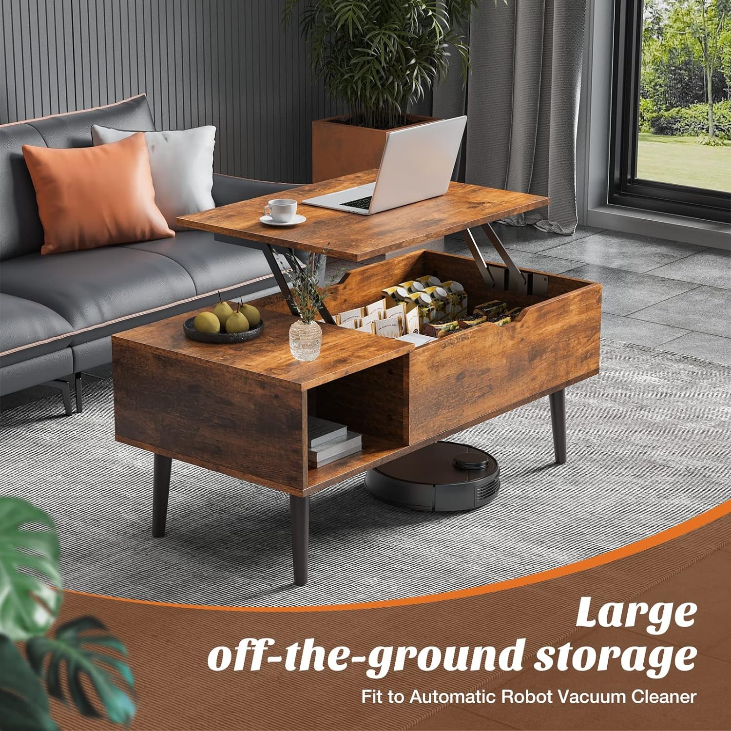 Coffee Table, Lift Top Coffee Tables for Living Room, Small Rising Wooden Dining Center Tables with Storage Shelf and Hidden Compartment, Brown