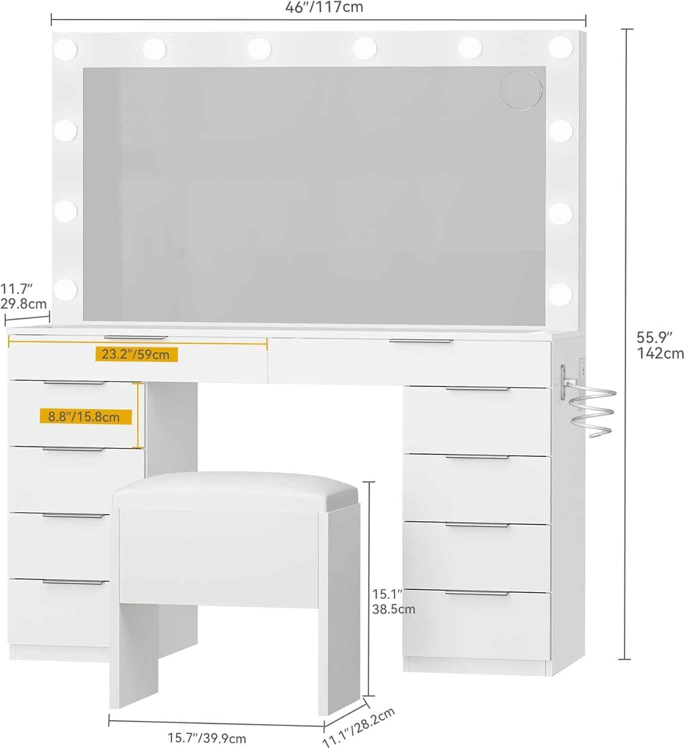 46'' Glass Top Makeup Vanity with 10 Drawers, Vanity Desk Set with Large LED Mirror, Built-In Charging Station & Cushioned Storage Chair, Dressing Table with 3-Color Light Modes, Cream White
