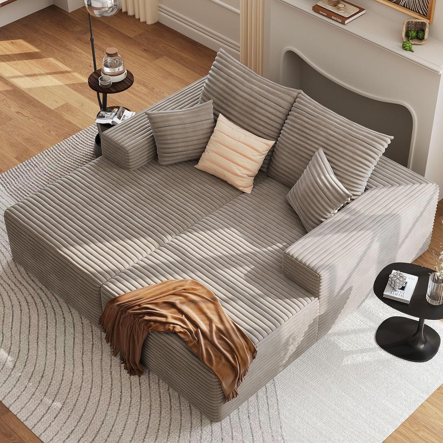 75" Oversized Double Chaise Lounges Indoor, Upholstered Corduroy Oversized Chaise Lounge Chair, Modern Sleeper Loveseat Chair Boneless Cloud Couch for Living Room Bedroom Reading (Camel)