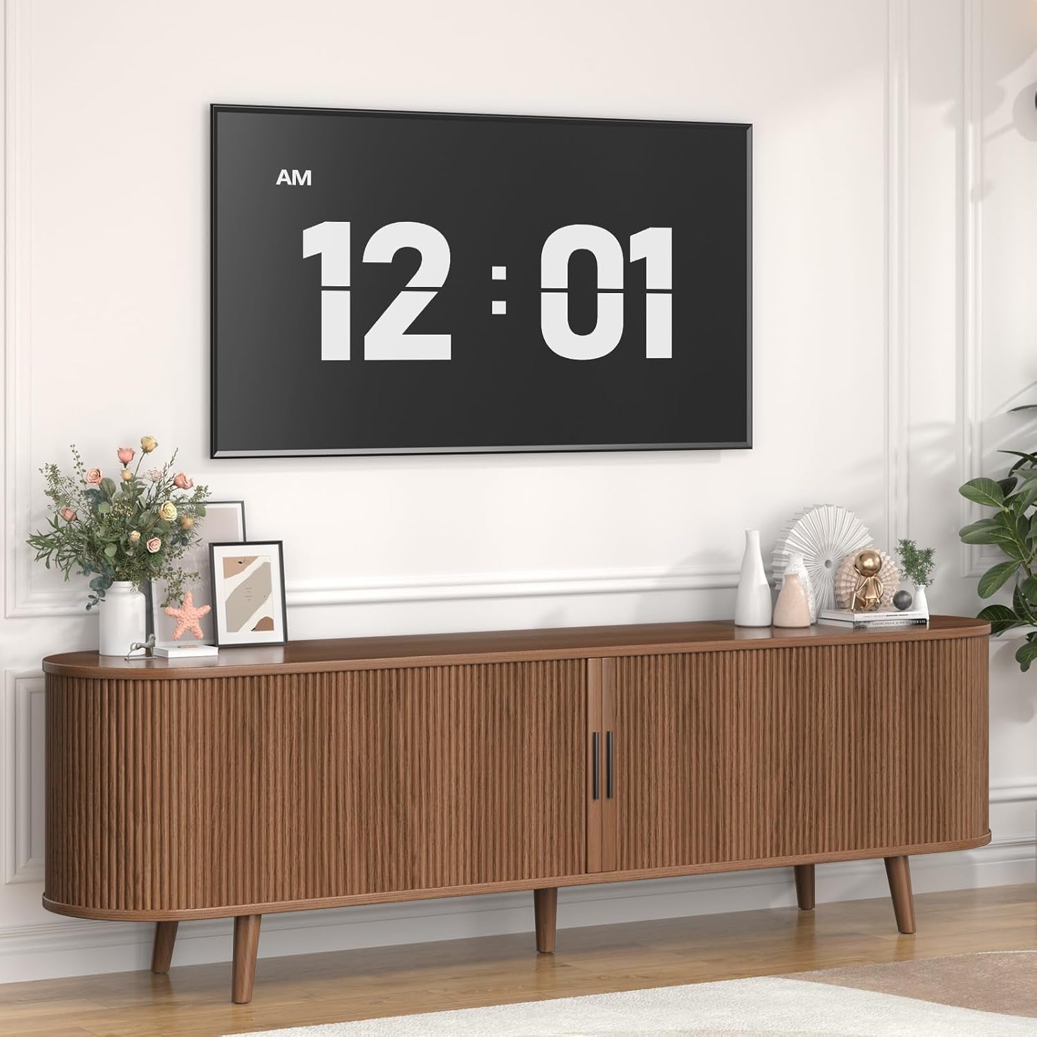 TV Stand for Living Room, 71" Mid Century Modern Entertainment Center W/Curved Edge for 55/60/65 Inch TV, Media Consol with Sliding Door Drawers and Open Shelves for Bedroom Living Room