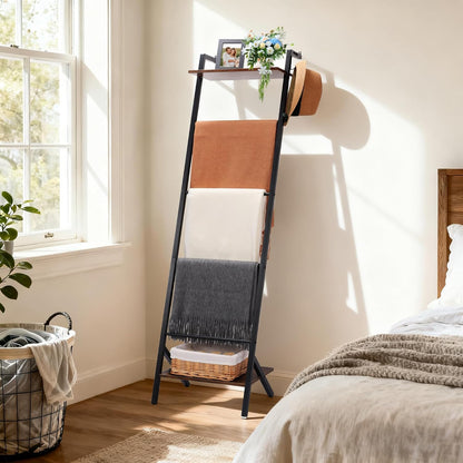 5 Tier Blanket Ladder with Shelf and Hooks, 4.8Ft Metal Ladder Shelf Blanket Holder Storage Rack for Living Room, Free Standing Blanket Rack for Storage and Home Decor