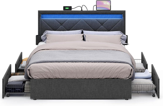 LED Bed Frame Full Size, Full Bed with Headboard and 4 Drawers, 1 USB Port and 1 Type C Port, Adjustable Upholstered Headboard 37.1/39.6 Inches, No Box Spring Needed, Dark Gray URMB822G71