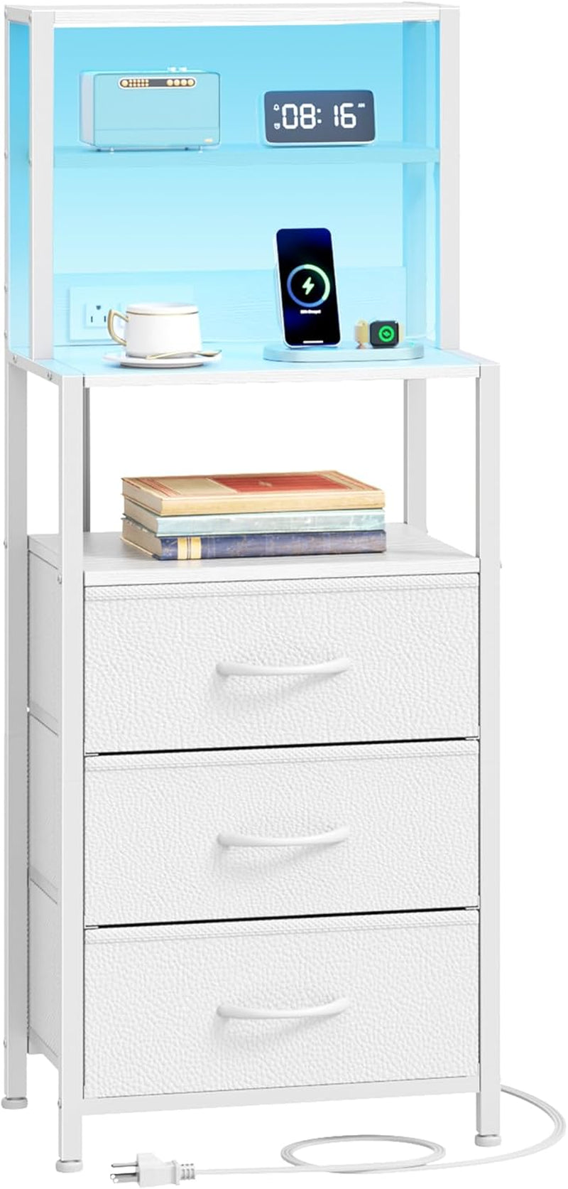 Night Stand, White Bedside Nightstand with 4-Tier Shelves and 3 Fabric Drawers, LED Bed Side Tables with Charging Station, Tall Dresser for Bedroom, Hallway, Office