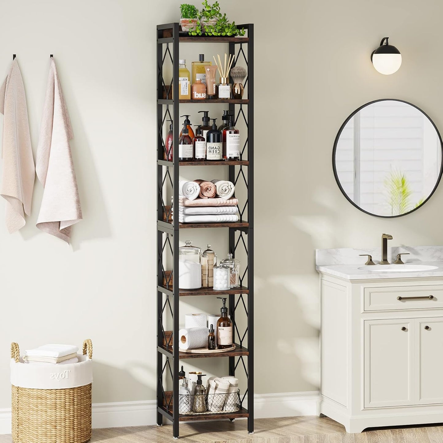 78.7 Inch Extra Tall Narrow Bookshelf, 7 Tier Skinny Bookcase for Small Spaces, Freestanding Display Shelves, Multifunctional Corner Storage Organizer for Home Office, Rustic Brown