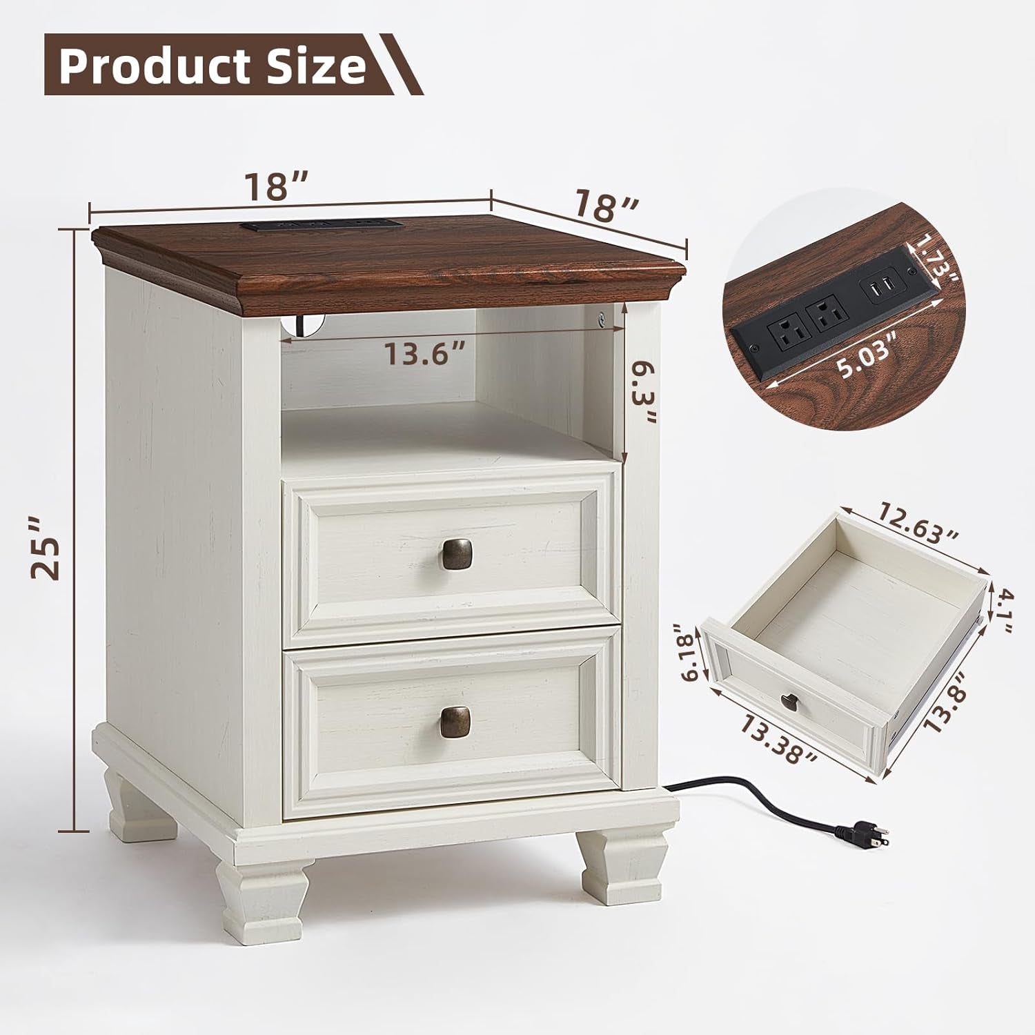 Farmhouse Nightstand Set of 2 with Charging Station, Rustic White Nightstand,2 Drawers End Table for Living Room,Bedside Table with Open Shelf for Bed Room,White