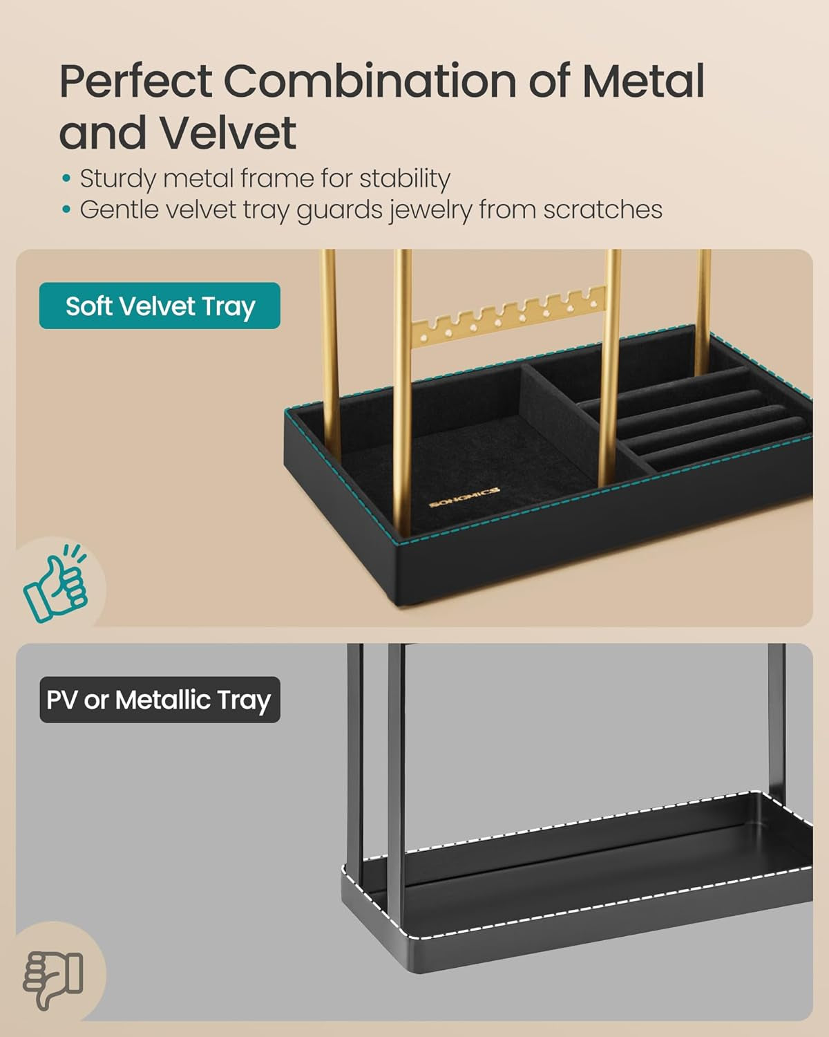 Jewelry Holder, Jewelry Organizer Display Stand with Metal Frame, Velvet Tray, Necklace Earring Bracelet Holder, for Studs, Rings, Gift Idea, Pale Gold and Ink Black UJJS021AB02