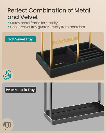 Jewelry Holder, Jewelry Organizer Display Stand with Metal Frame, Velvet Tray, Necklace Earring Bracelet Holder, for Studs, Rings, Gift Idea, Pale Gold and Ink Black UJJS021AB02