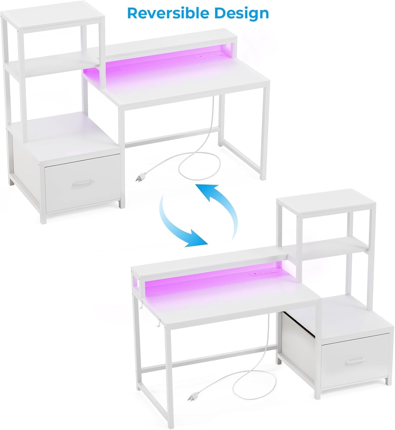 Office Desk with Power Outlets and Printer Shelf, 68.8 Inch Computer Desk with LED and Drawer, Reversible Gaming Desk with Storage for Home Study Working,Walnut