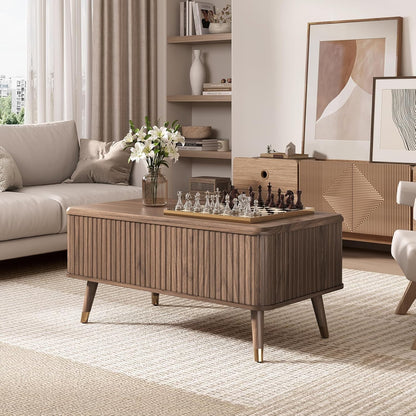 Lift Top Coffee Table with Storage Shelf & Hidden Compartment, Mid Century Modern Fluted Rectangle Dining Table for Living Room, Home Office, Walnut