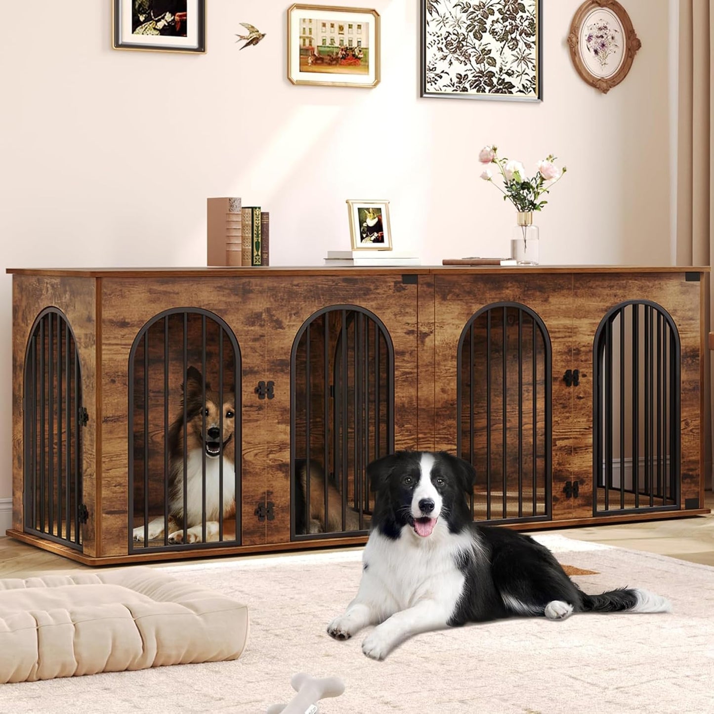 88.4" Dog Crate Furniture for 2 Dogs, Heavy Duty Indoor Dog Kennel TV Stand, XXL Wooden Dog Cage with Divider for Medium Large Dogs, End Table Dog Crate with Cushion, Rustic Brown DFC84001BV1