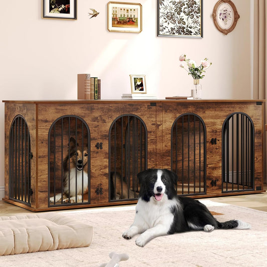 88.4" Dog Crate Furniture for 2 Dogs, Heavy Duty Indoor Dog Kennel TV Stand, XXL Wooden Dog Cage with Divider for Medium Large Dogs, End Table Dog Crate with Cushion, Rustic Brown DFC84001BV1