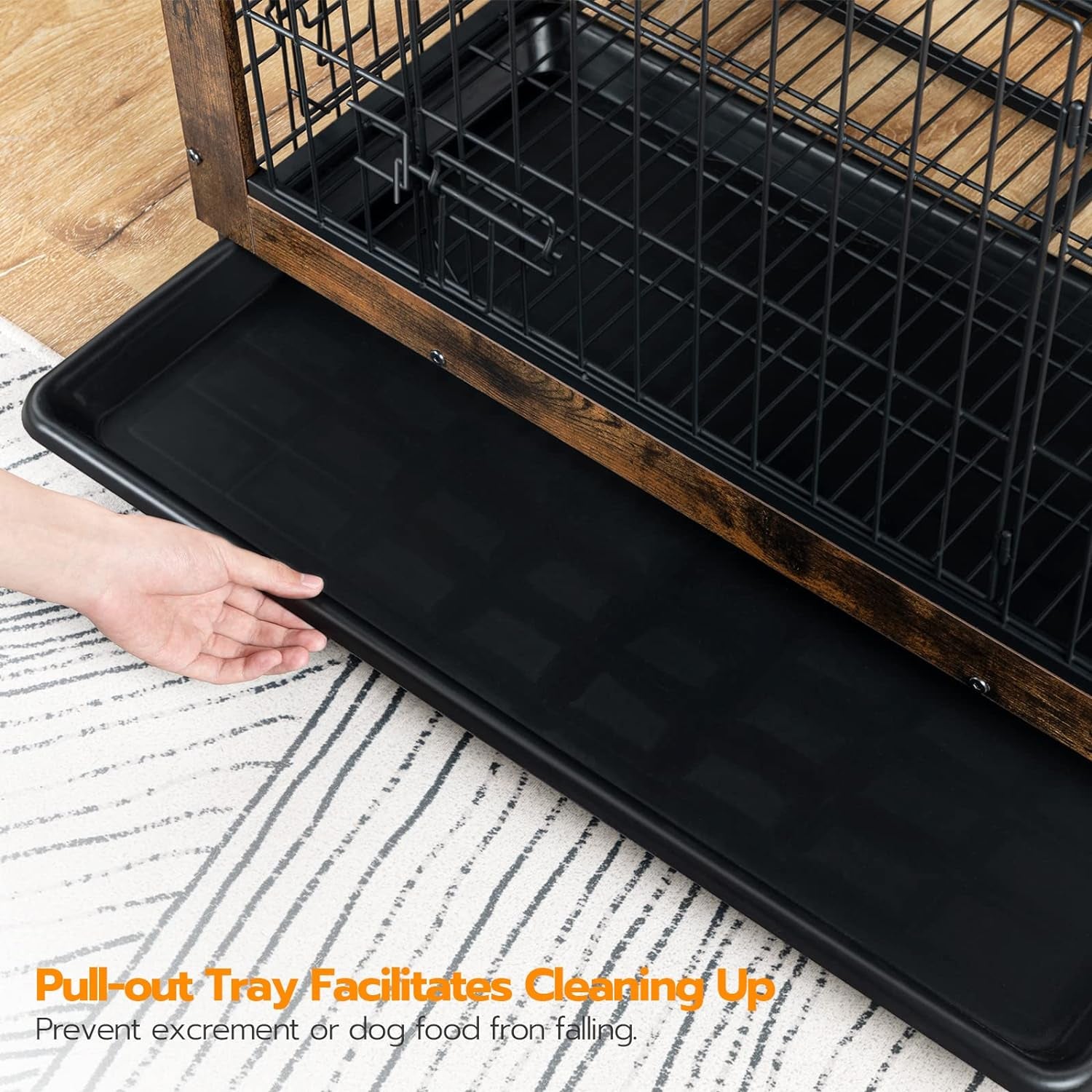 Dog Crate Furniture, 38.6" Large Dog Kennel Indoor, Wooden Cage with Pull-Out Tray, Double Doors Pet House Side End Table for Large/Medium/Small Dogs, Rustic Brown BF982GW03G1