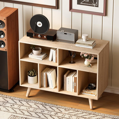 Record Player Stand with Vinyl Storage, 39.5In Large Vinyl Record Holder Player Cabinet Wood Turntable Stand up to 350 Albums with Charging Station for Living Room, Natural
