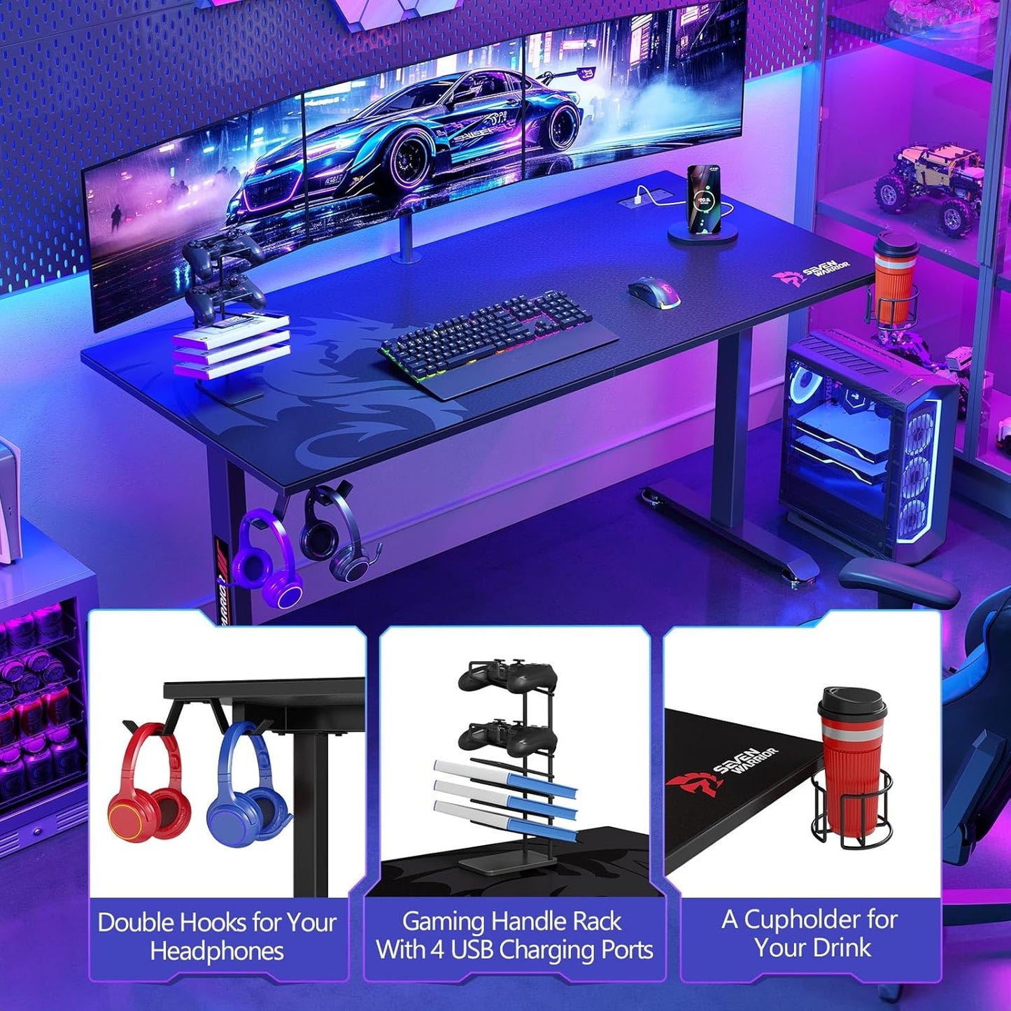 Gaming Desk 60 INCH, T- Shaped Carbon Fiber Surface Computer Desk with Full Mouse Pad, Ergonomic E-Sport Style Gamer Desk with Double Headphone Hook, USB Gaming Rack, Cup Holder