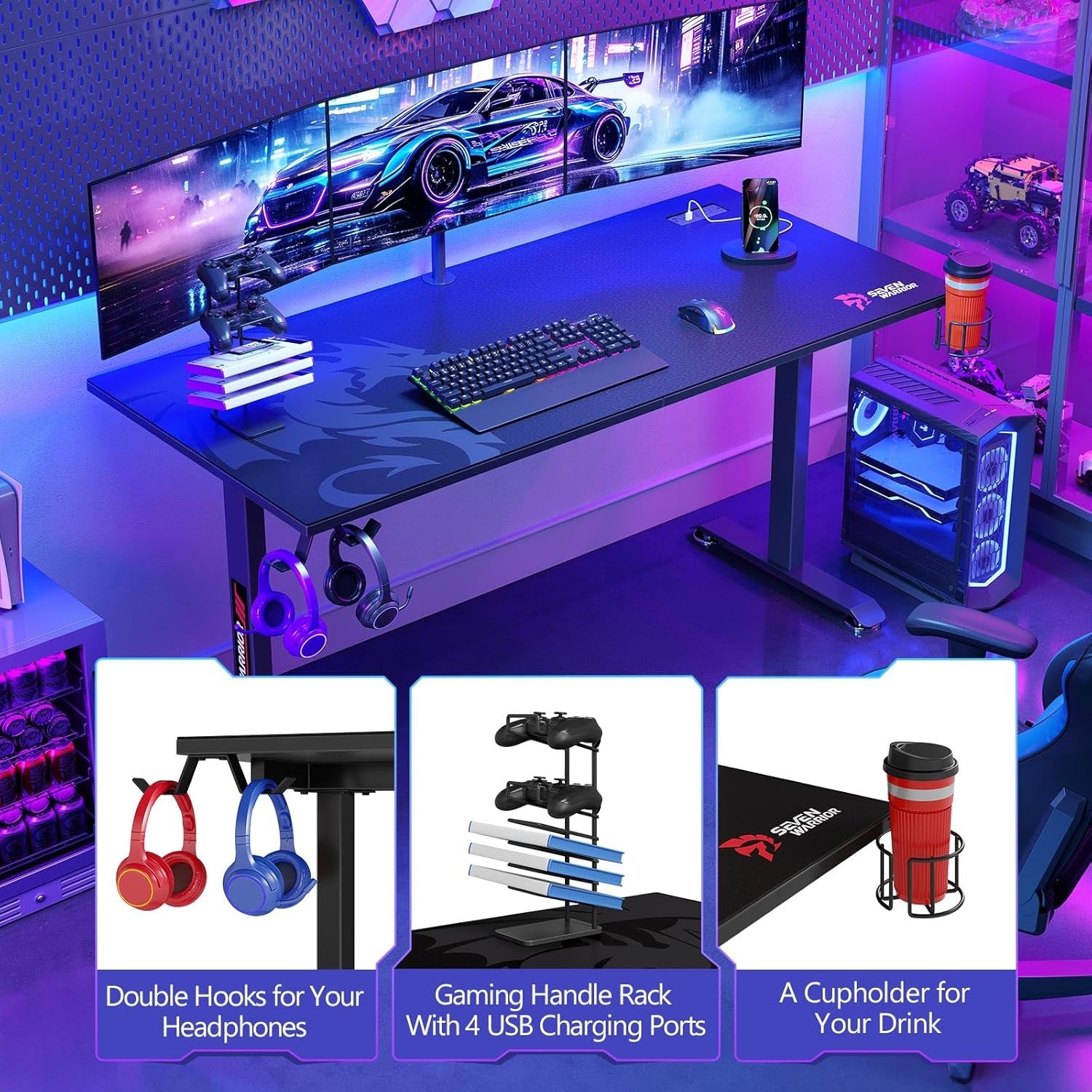 Gaming Desk 60 INCH, T- Shaped Carbon Fiber Surface Computer Desk with Full Mouse Pad, Ergonomic E-Sport Style Gamer Desk with Double Headphone Hook, USB Gaming Rack, Cup Holder