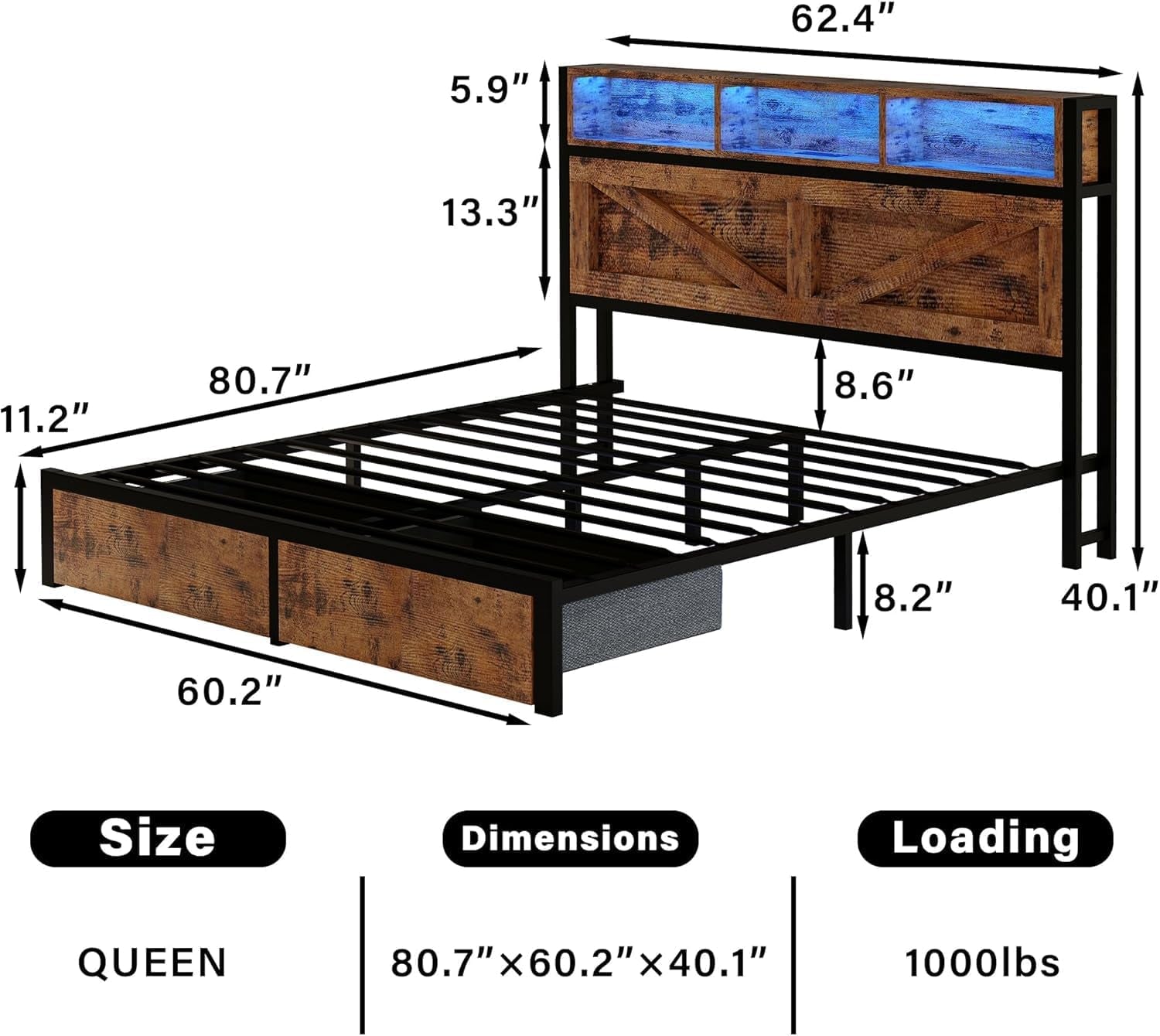 Farmhouse Queen Bed Frame with Bookcase Headboard and Storage Drawers, LED Lights and Charging Station, No Box Spring Needed, Noise Free, Rustic Brown