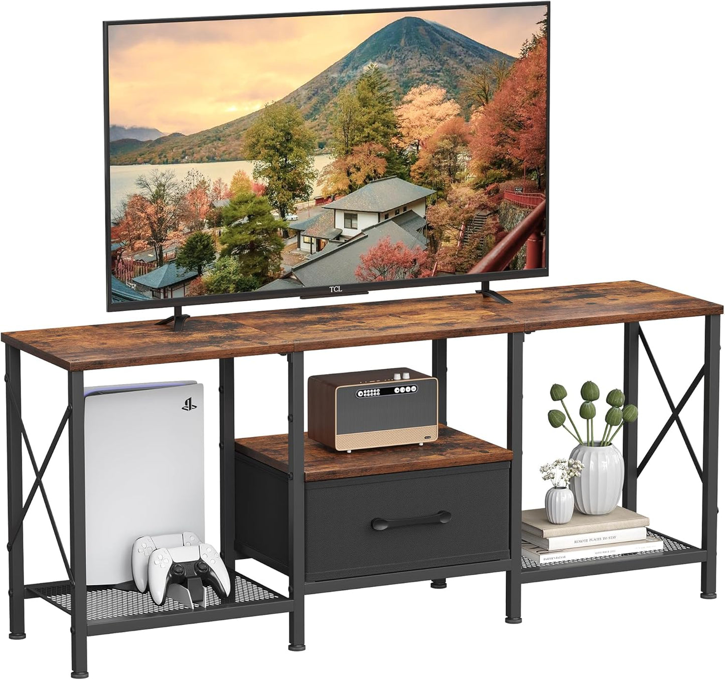 TV Stand with Fabric Drawer, Entertainment Center for 50 55 Inch TV, Industrial TV Console Table with Open Storage Shelves for Living Room, Bedroom, Rustic Brown