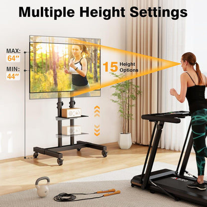 Mobile TV Stand Rolling TV Cart Floor Stand with Mount on Lockable Wheels Height Adjustable for 32-83 Inch TV Stand Flat Screen or Curved Tvs Monitors Display Trolley Loading 110 Lbs