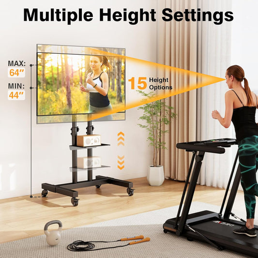 Mobile TV Stand Rolling TV Cart Floor Stand with Mount on Lockable Wheels Height Adjustable for 32-83 Inch TV Stand Flat Screen or Curved Tvs Monitors Display Trolley Loading 110 Lbs