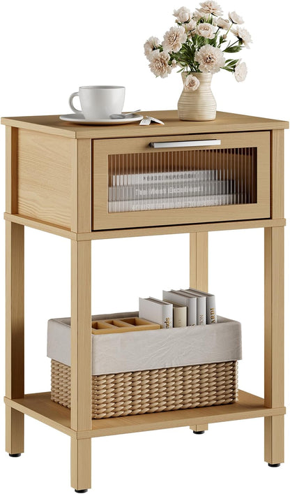 Nightstand Wooden Bedside Table with Drawer Natural Wood Night Stands Modern Style Small End Table Side Table with Storage Shelf for Bedroom Living Room MLBZ10YEV