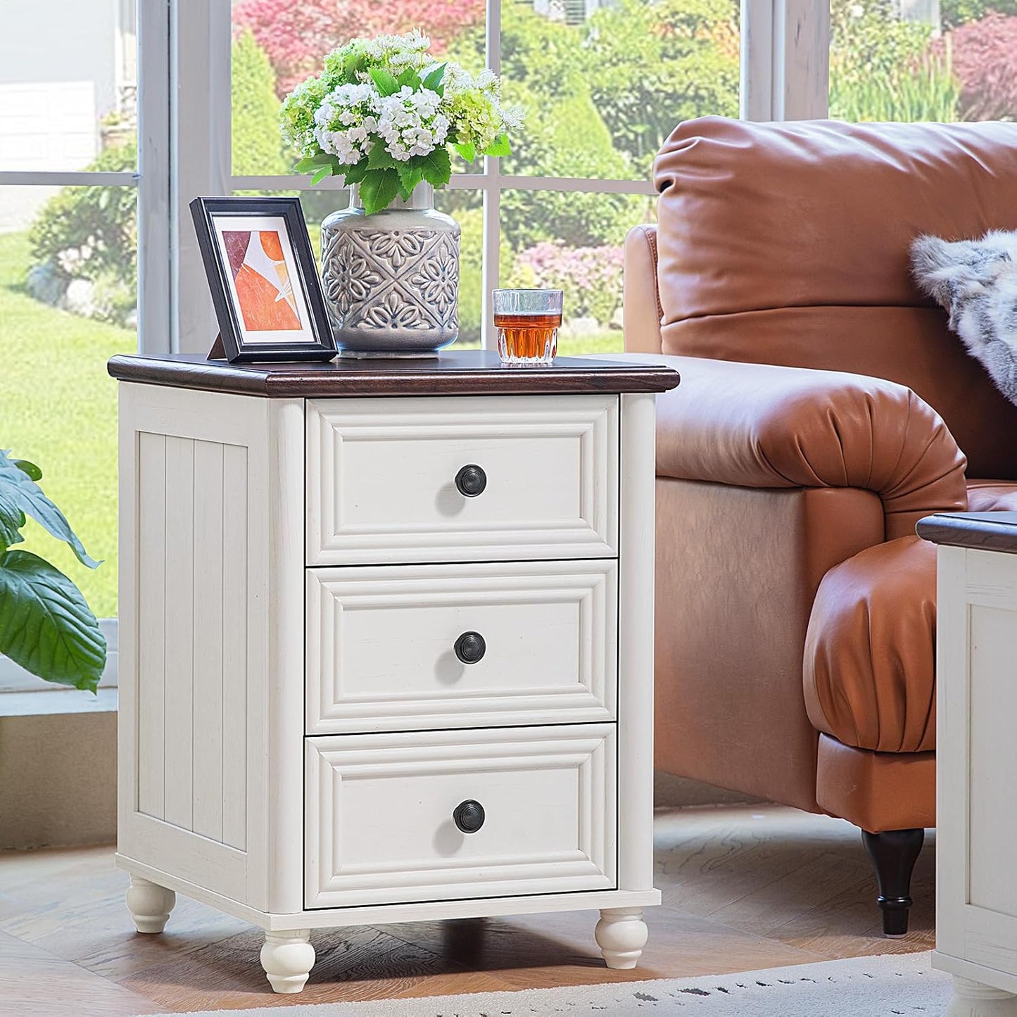 18" Farmhouse Night Stand, White Wood Nightstand with 3 Drawers, Bedside End Table with Storage and Roman Column, Bed Side Tables Cabinet for Bedroom, Living Room, and Closet